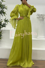 Ellah Shiny Fabric Chinese Stand Collar Twist Waist Balloon Sleeve Maxi Dress