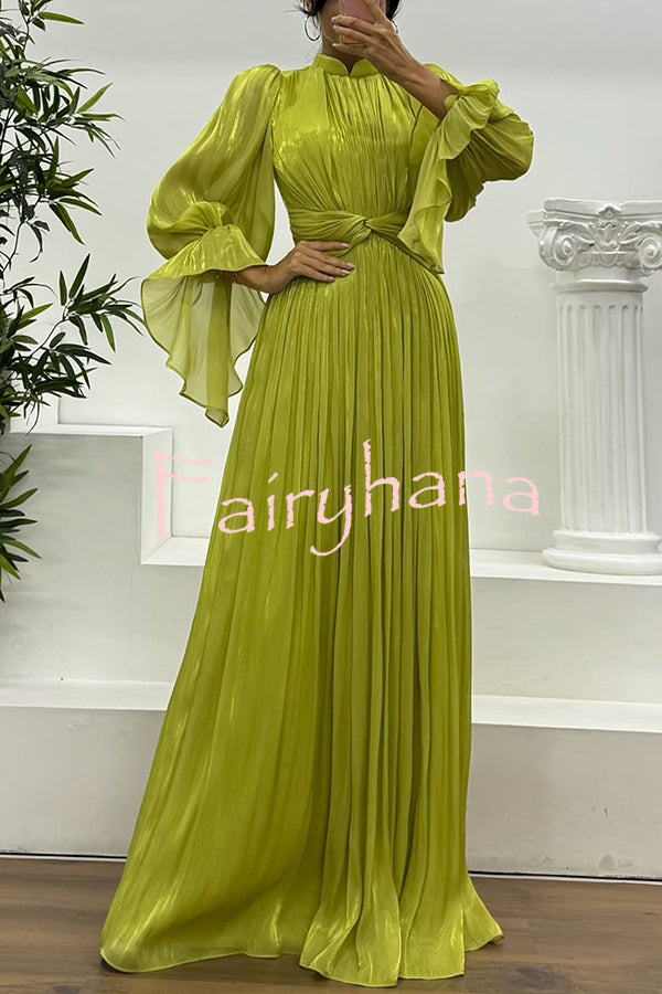 Ellah Shiny Fabric Chinese Stand Collar Twist Waist Balloon Sleeve Maxi Dress