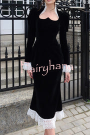 Baroque Style Velvet Lace Trim Sweetheart Neck Long Sleeve Flare Midi Dress