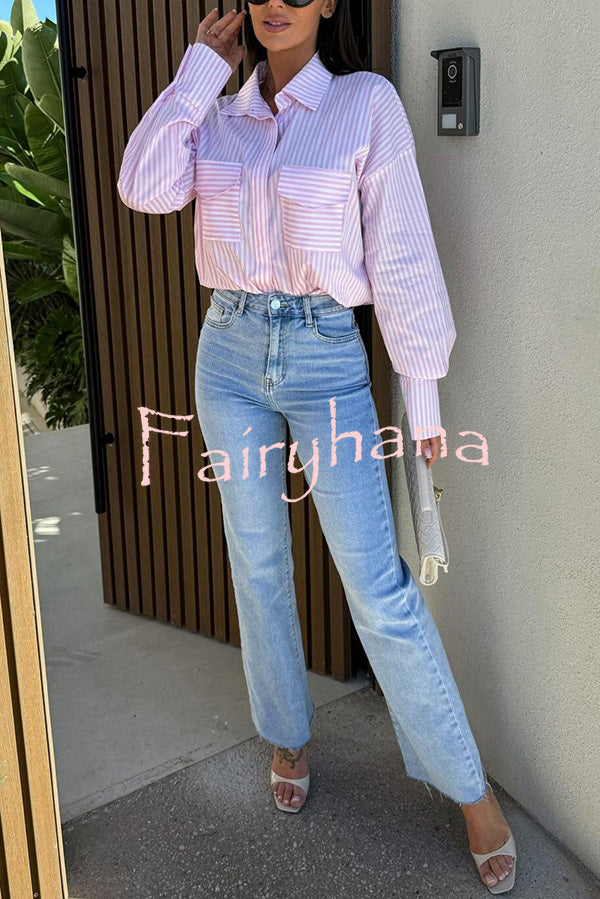 Stripe Print Lapel Long Sleeve Pocket Casual Shirt