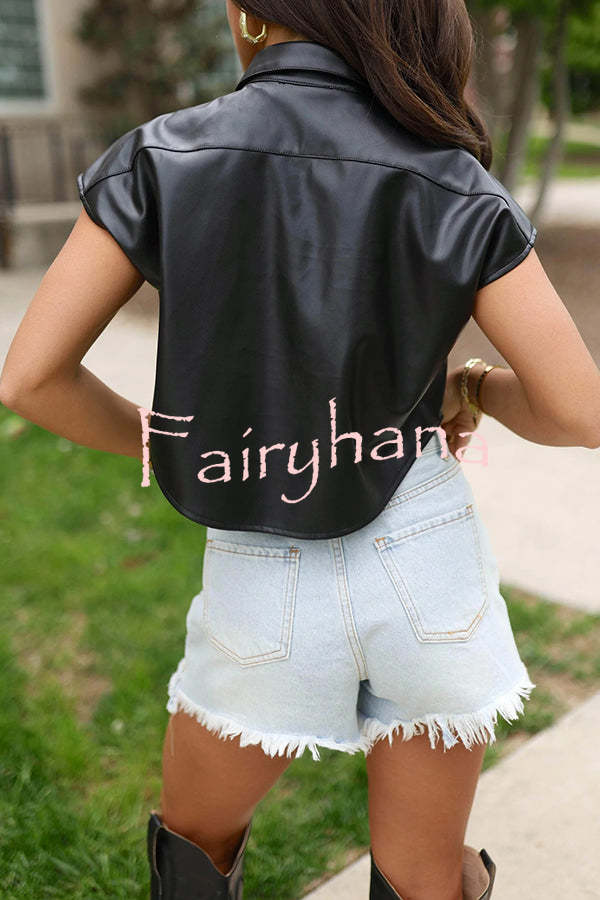 Fashion Faux Leather Pocket Sleeveless Cropped Jacket