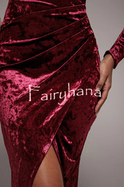 Solid Color Velvet Long-sleeved Slim-fit Slit Midi Dress