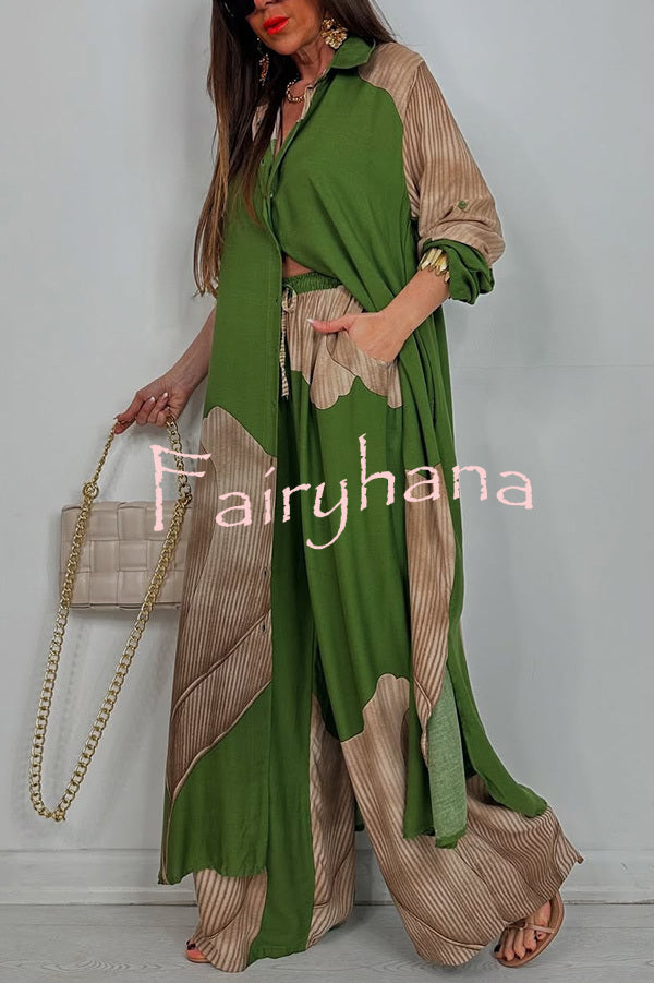Unique Printed Casual Loose Long Shirt and Elastic Waist Pocket Wide Leg Pants Set