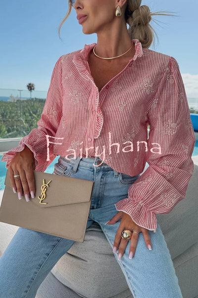 Stripe Print Plant Embroidery Long Sleeve Casual Shirt