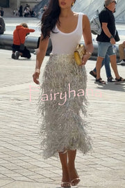 Evening Charm Layered Sequined Tassels High Rise Back Zipper Slit Midi Skirt