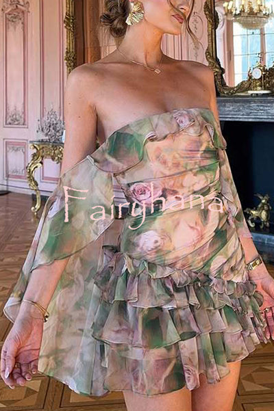 Chiffon Floral Print Elegant Multi-Layered Ruffle Mini Dress