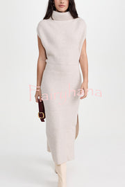 Solid Color Sleeveless Knitted Elegant Waist Midi Dress