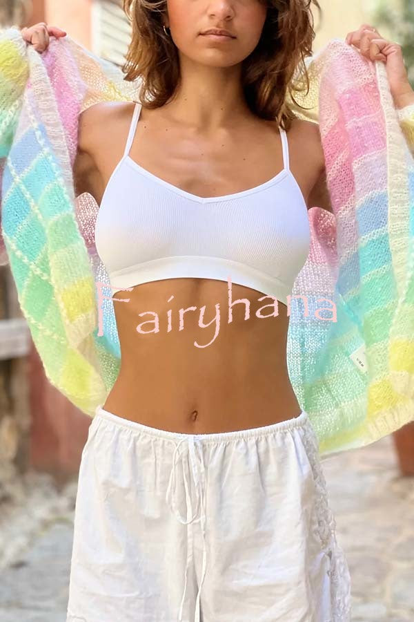 Palette Day Knit Color Blocks Open Front Balloon Sleeve Loose Cardigan