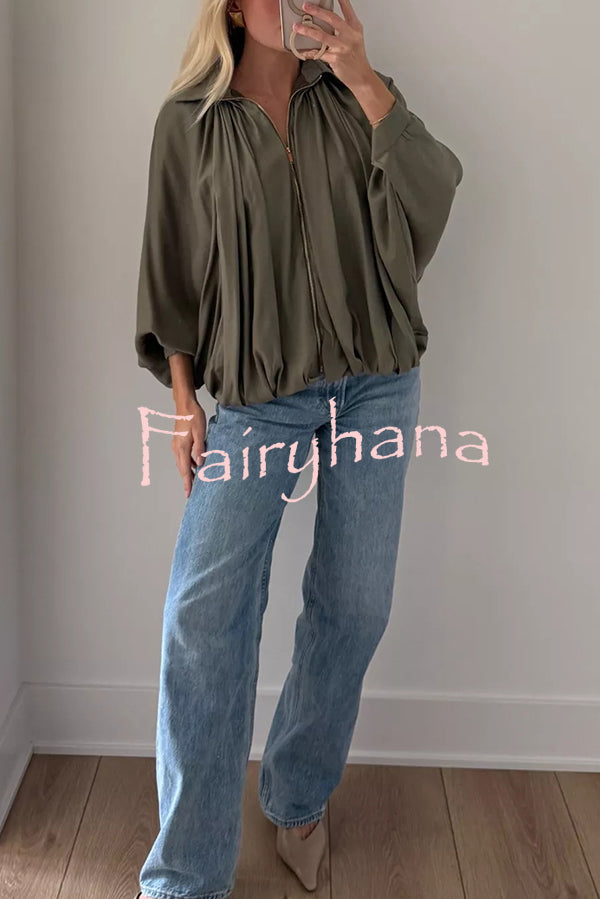 Fashion Lapel Loose Puff Long Sleeve Casual Zipper Jacket