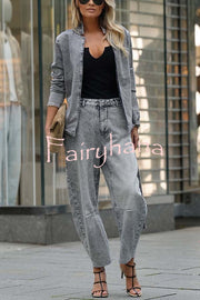 Casual Meetup Denim Stand Neck Long Sleeve Belted Loose Jacket