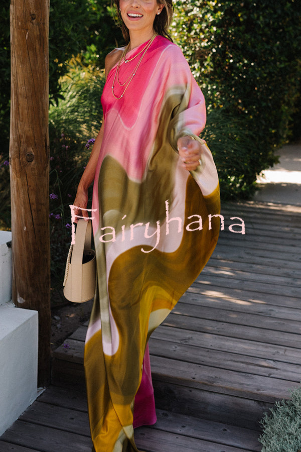 Summertime Favorites Satin Tie Dye Print One Shoulder Drape Vacation Maxi Dress