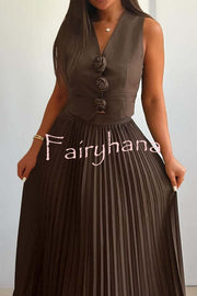 Stylish Rosette Sleeveless Tank Top and Pleated Maxi Skirt Set