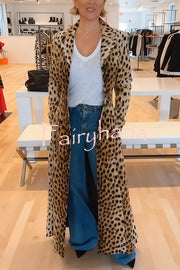 Leopard Print Long Sleeve Pocket Casual Maxi Trench Coat