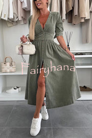 Solid Color V-neck Button-down Denim Midi Dress