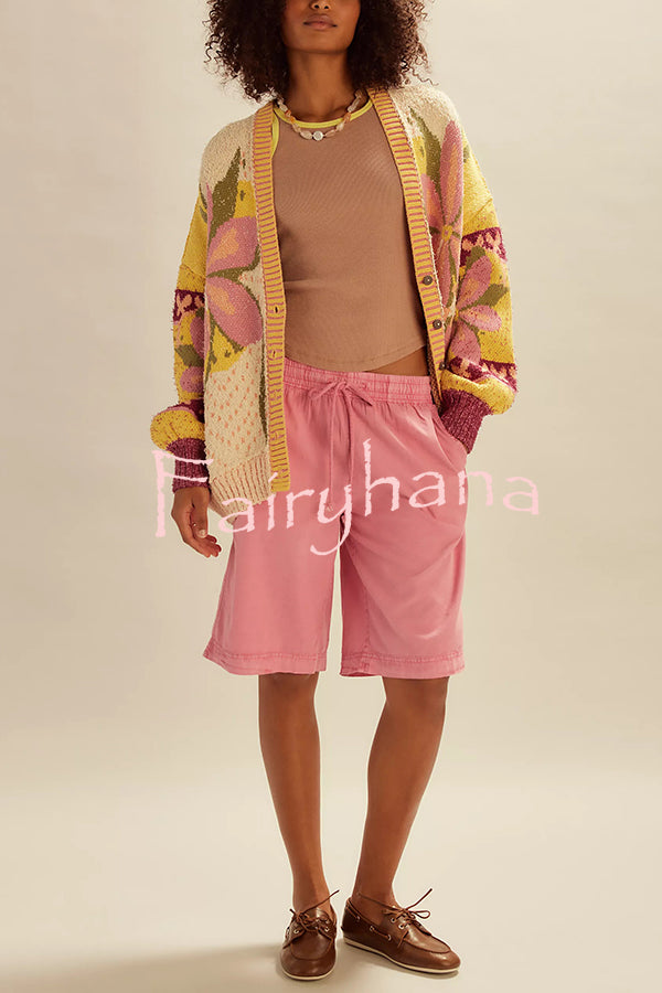 Floral Pattern Loose Long-sleeved Knitted Cardigan