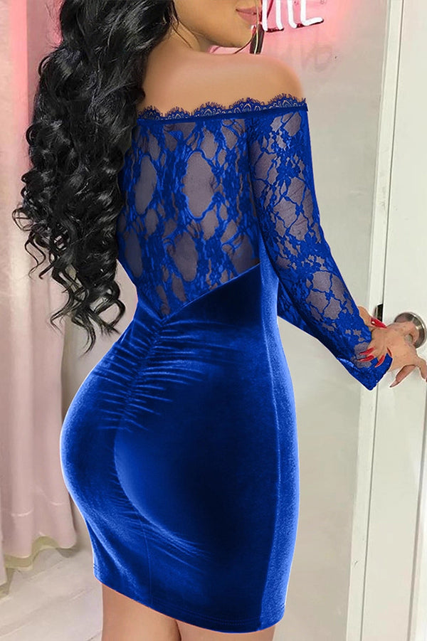 Elegant Velvet Lace-trimmed Long-sleeved Slim-fit Mini Dress