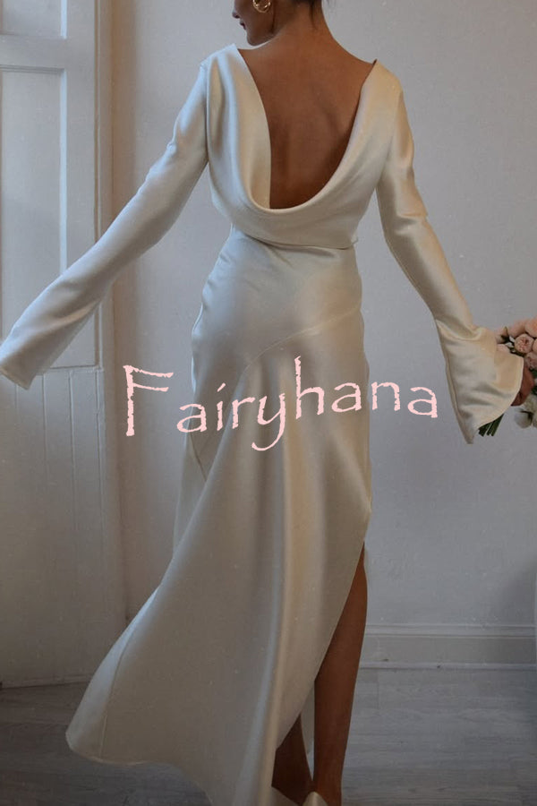 Satin Elegant Long-sleeved Open-back Slim-fit Slit Maxi Dress