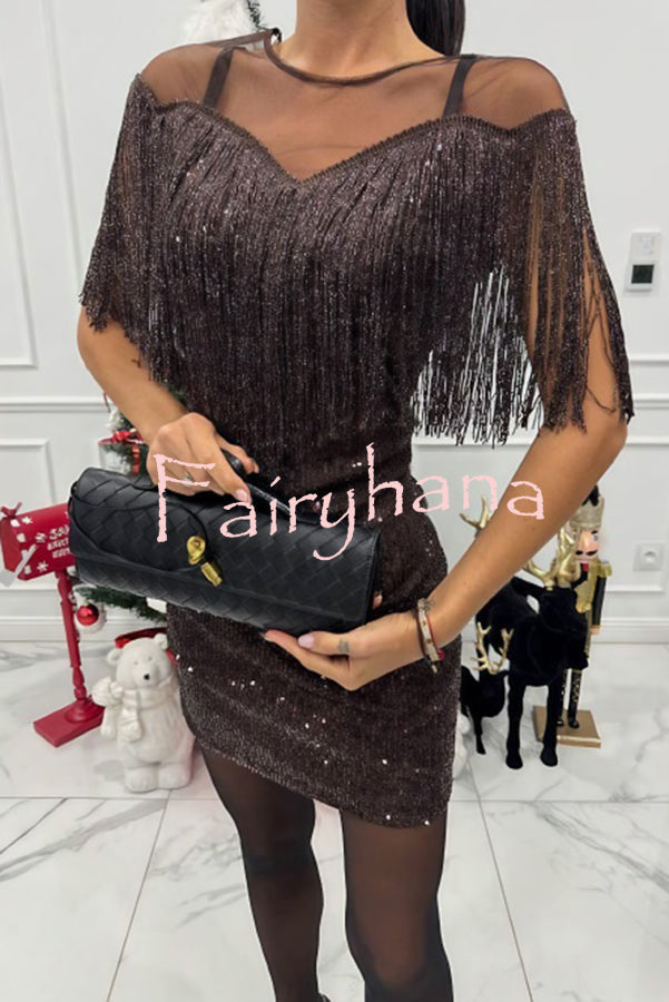 Glistening and Gorgeous Sequin Mesh Tassels Cape Sleeve Mini Dress