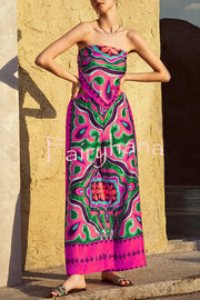 Ethnic Style Unique Print Tube Top and Elastic Waist Casual Pocket Wide Leg Pants Set