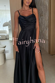 Solid Color Suspender Back Pleated Elegant Slit Full Hem Maxi Dress