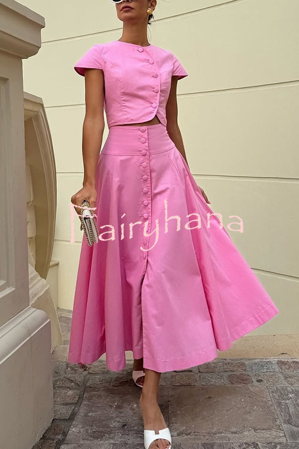 Solid Color Round Neck Button Crop Top and Elegant High Waist Slit Maxi Skirt Set