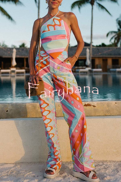 Kathy Unique Print Halter Scarf Tank and Elastic Waist Pocket Loose Pants Set