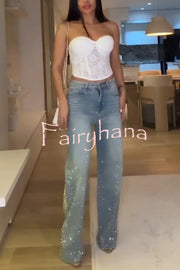 Fashion Star Rhinestone High Rise Casual Pocket Straight Loose Jeans