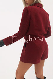 Sweet Dreams Tweed Bow Neck Button Long Sleeve Pocket Crop Jacket