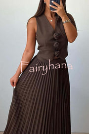 Stylish Rosette Sleeveless Tank Top and Pleated Maxi Skirt Set
