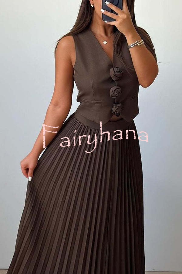Stylish Rosette Sleeveless Tank Top and Pleated Maxi Skirt Set