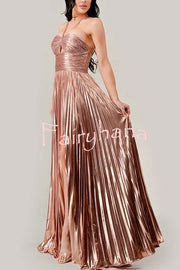 Make A Toast Metallic Fabric Cross Neck Cutout Slit Pleated Maxi Dress