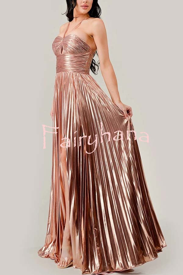 Make A Toast Metallic Fabric Cross Neck Cutout Slit Pleated Maxi Dress