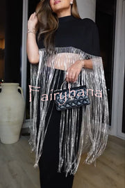 New Level Shiny Tassel Stand Neck Crop Cape Blouse