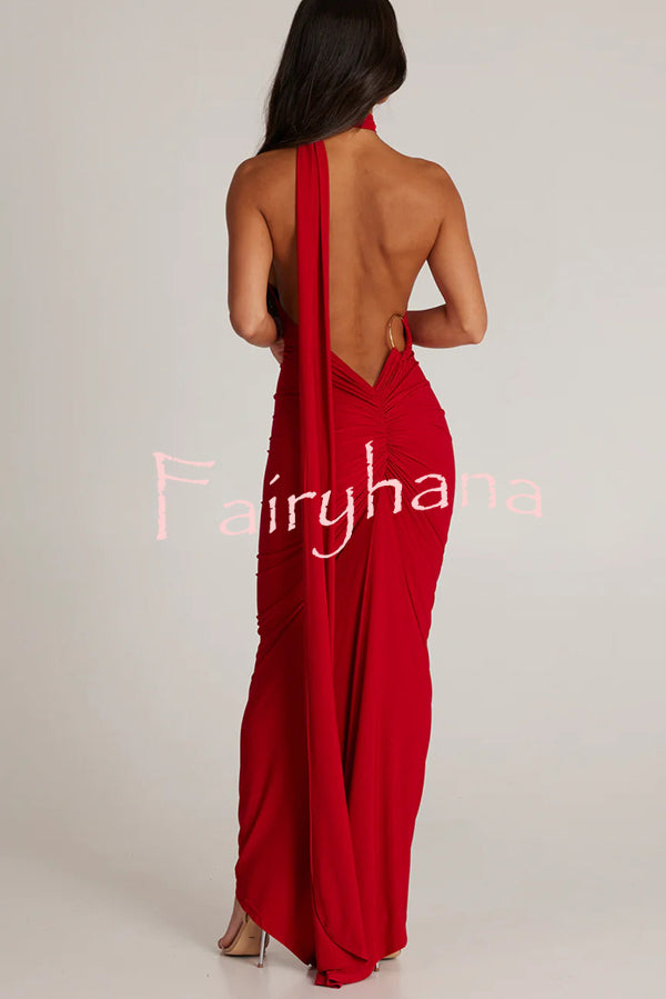 Sexy Backless Pleated Slim Solid Color Sleeveless Elegant Maxi Dress