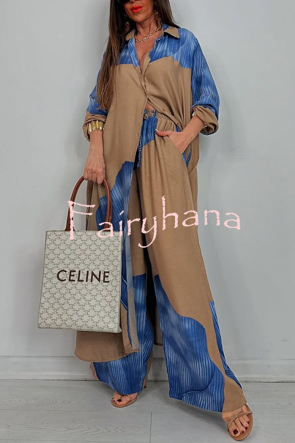 Unique Printed Casual Loose Long Shirt and Elastic Waist Pocket Wide Leg Pants Set