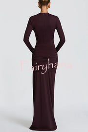Sexy Cutout Fitted Long-sleeved Pleated Satin Ribbon Maxi Dresses