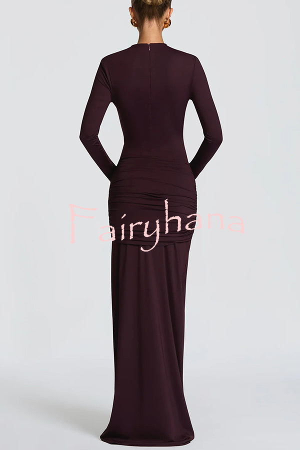Sexy Cutout Fitted Long-sleeved Pleated Satin Ribbon Maxi Dresses