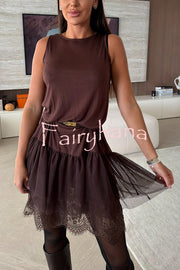 Upper East Chic Tulle Lace Tiered Hem Stretch Tank Midi Dress