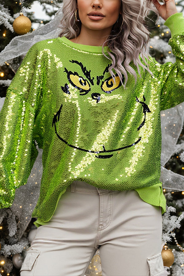 Mr Grinch Sequin Unique Pattern Long Sleeve Loose Sweatshirt