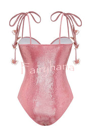 Solid Color Shiny Fabric Sweet Butterfly Decoration Stretch One-piece Swimsuit