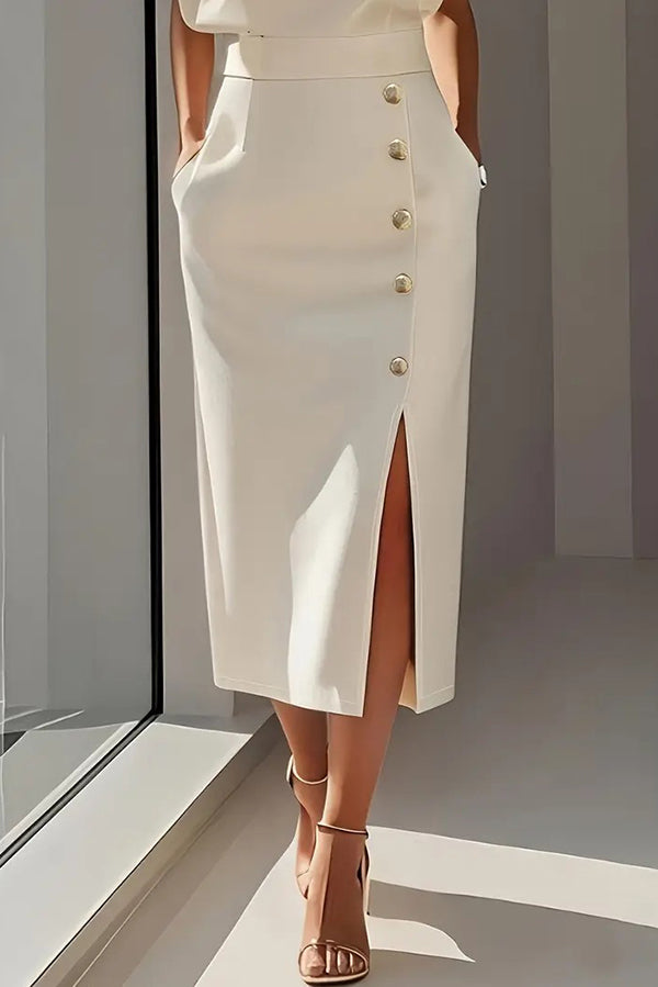 Solid Color Long Sleeves Pocket Button Decorated Slit Midi Dress
