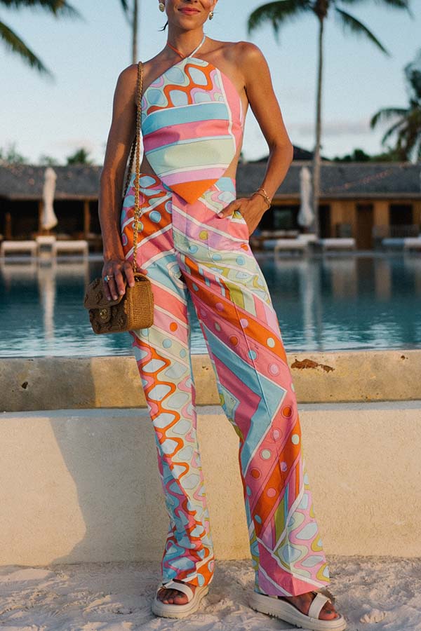 Kathy Unique Print Halter Scarf Tank and Elastic Waist Pocket Loose Pants Set