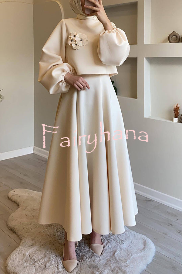 Solid Color Flower-embellished Lantern Sleeve Loose Top and Casual Maxi Skirt Set