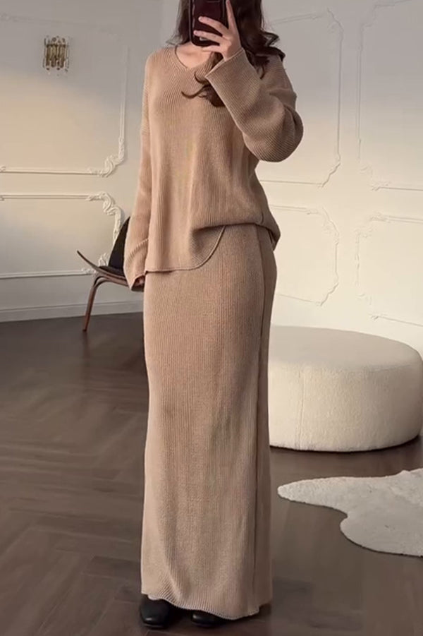 Solid Color Long-sleeved V-neck Casual Knitted Sweater and Elegant Maxi Skirt Set
