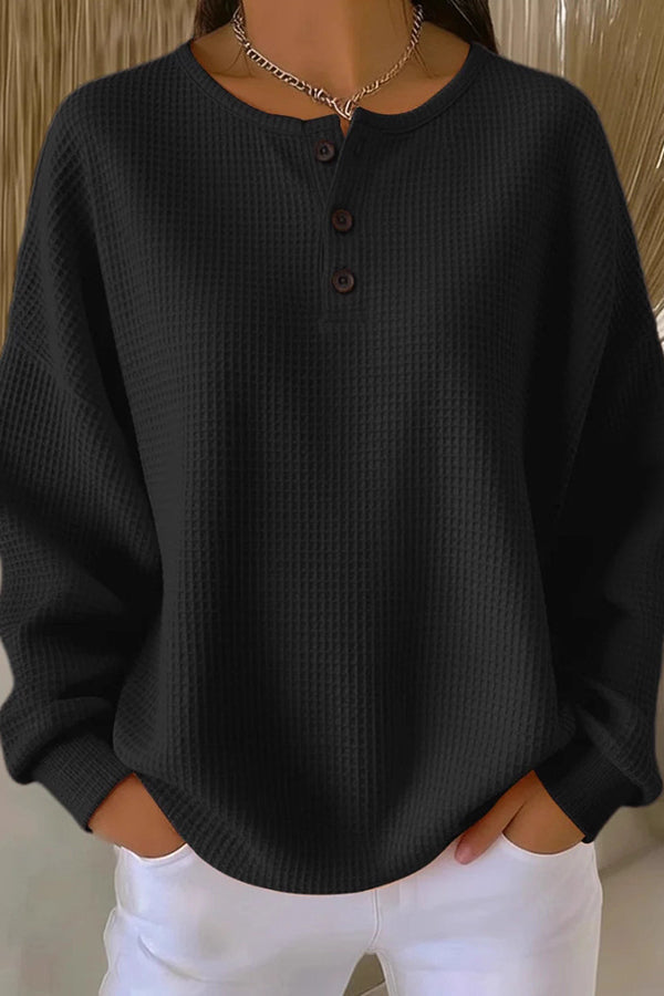 Fashionable Waffle Round Neck Long Sleeve Loose Top