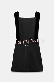 Miss Hepburn Velvet Bow Straps Straight Neckline Loose Mini Dress