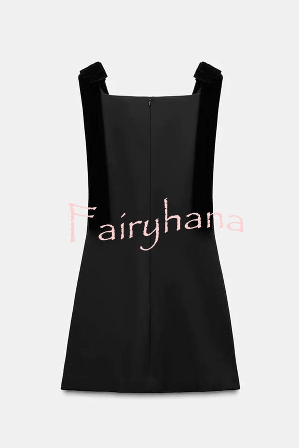 Miss Hepburn Velvet Bow Straps Straight Neckline Loose Mini Dress