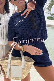 Fashionable Hollow Knit Short-sleeved Top and Elastic High-waist Casual Shorts Set