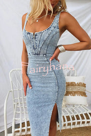 This Seasons Staple Denim Adjustable Straps Zip-up Firm Stretch Midi Dress