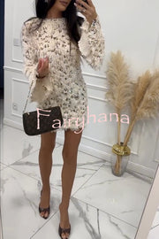 Twilight Ember Knit Sequin Tassels Wide Neck Long Bell Sleeve Mini Dress